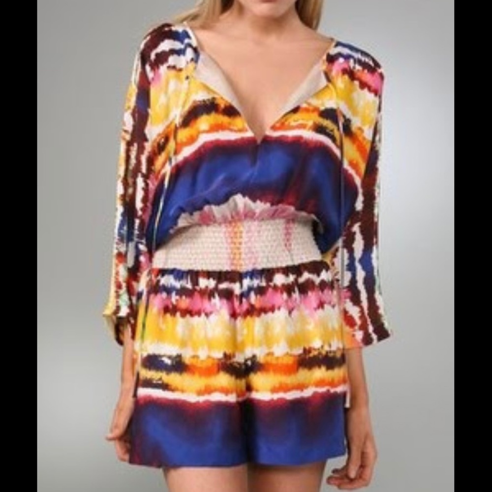 NWT Halston Heritage tie dye silk 3/4 sleeve tie front romper playsuit size 2 XS